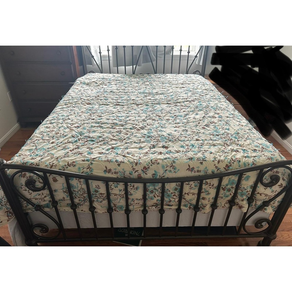 Vtg Handmade Floral Tied Quilt Cream Turquoise Blue Brown Cottagecore Quilt